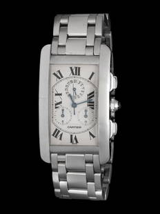 CARTIER, REF. 2312 18K WHITE GOLD 'TANK AMERICAINE' CHRONOGRAPH WATCH: CARTIER, REF. 2312 18K WHITE GOLD 'TANK AMERICAINE' CHRONOGRAPH WATCH Maker: Cartier Model: Tank Americaine Reference number: 2312 Case size: Approx. 26 x 45 mm Case material: 18K white gold Dial: