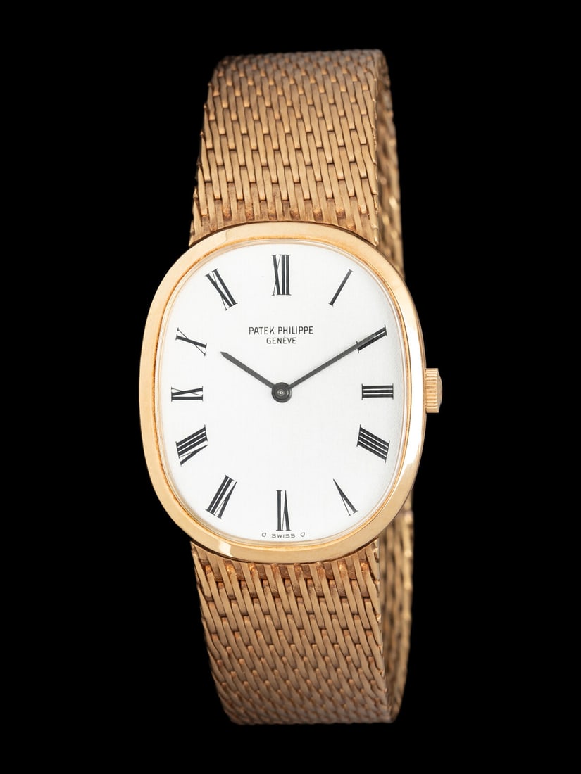 PATEK PHILIPPE, 18K YELLOW GOLD 'ELLIPSE' WATCH: PATEK PHILIPPE, 18K YELLOW GOLD 'ELLIPSE' WATCH Maker: Patek Philippe Model: Ellipse Year: Circa 1980s Case size: Approx. 32 x 27 mm Case material: 18K yellow gold Dial: Silvered Movement: Mechanical