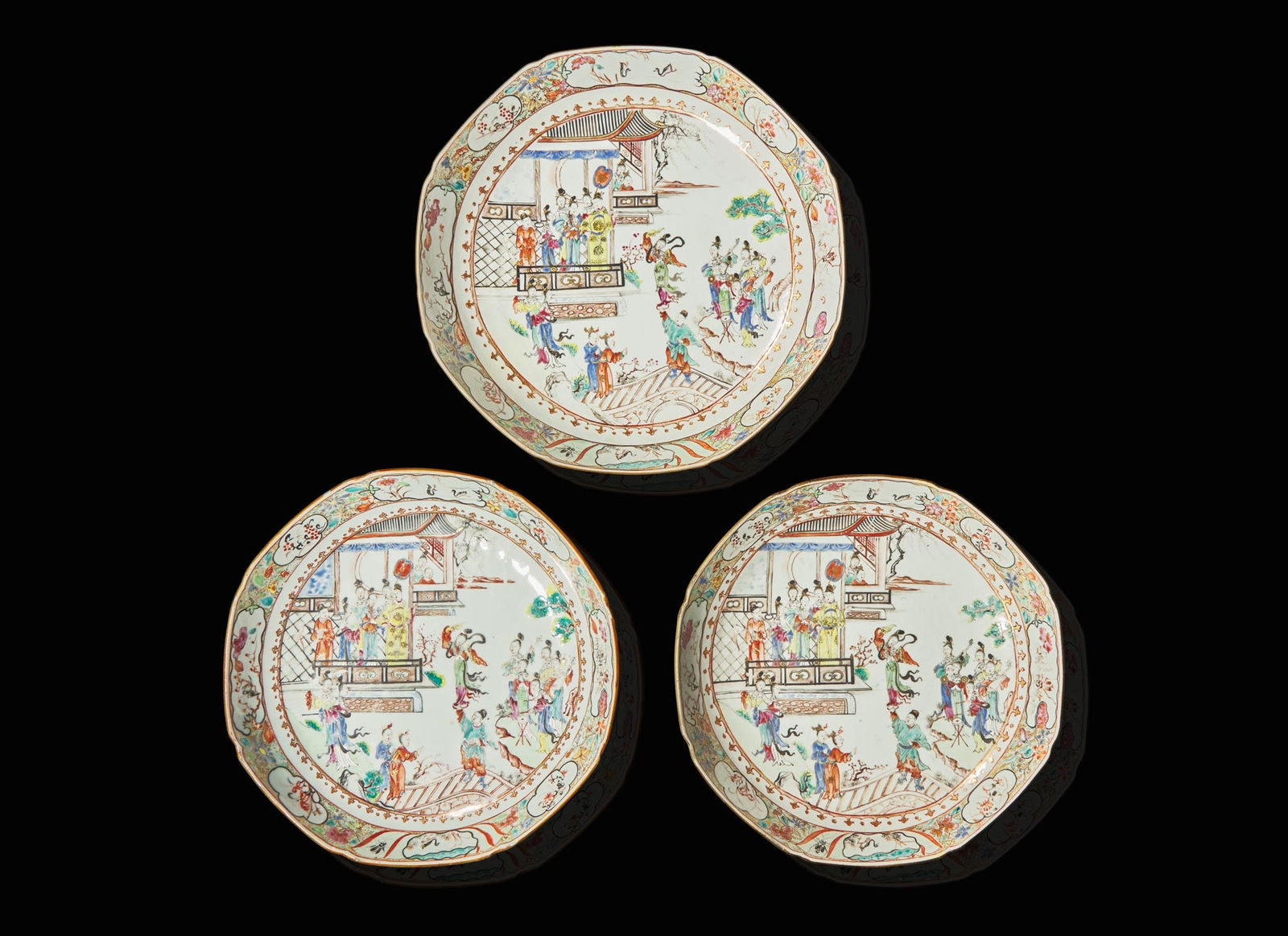 Three Chinese export porcelain “Acrobats” dishes, Qianlong period 葵口 (1 of 3)