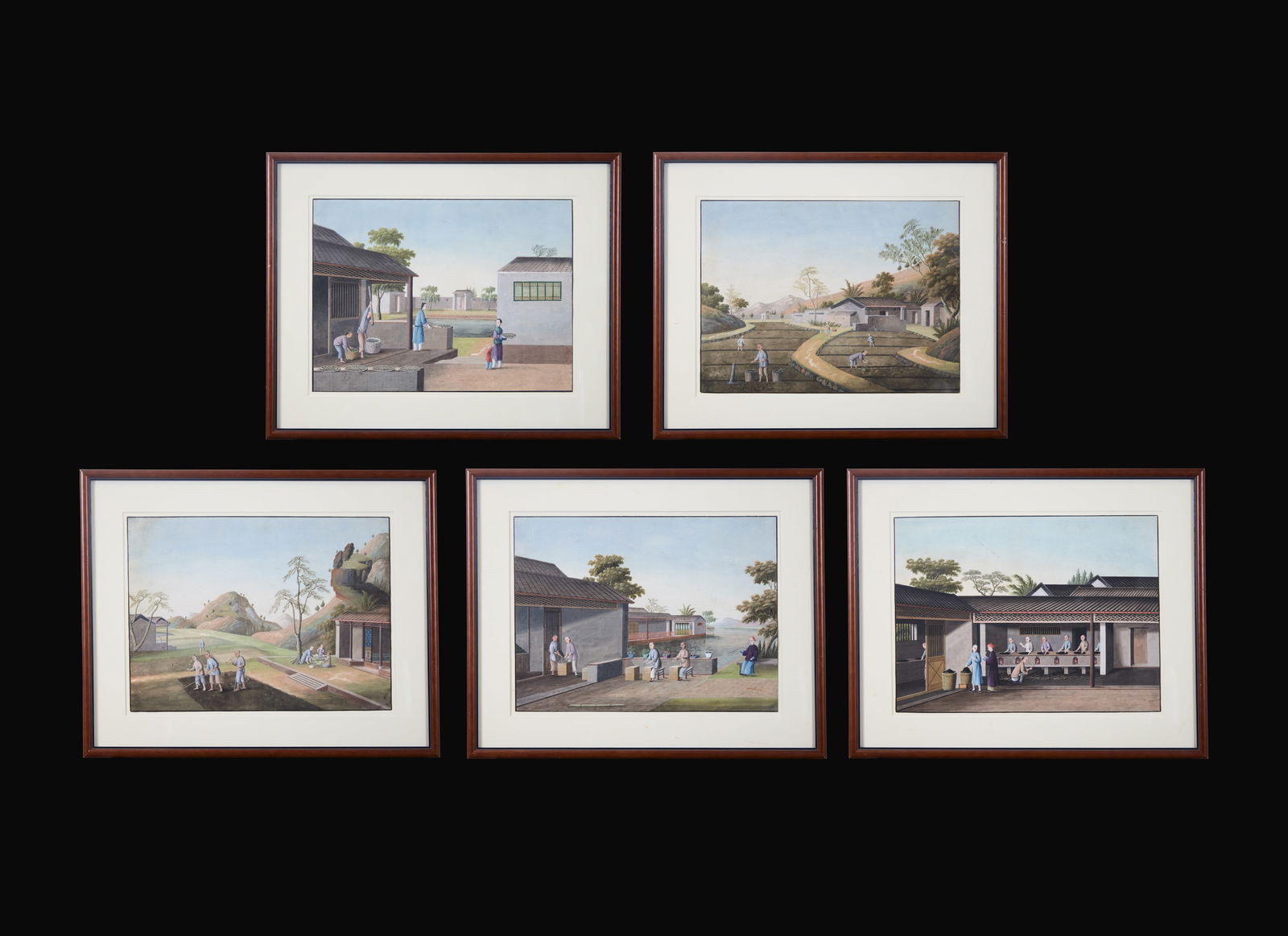 A group of five Chinese Export paintings depicting the manufacture of tea, first part 19th century (1 of 11)