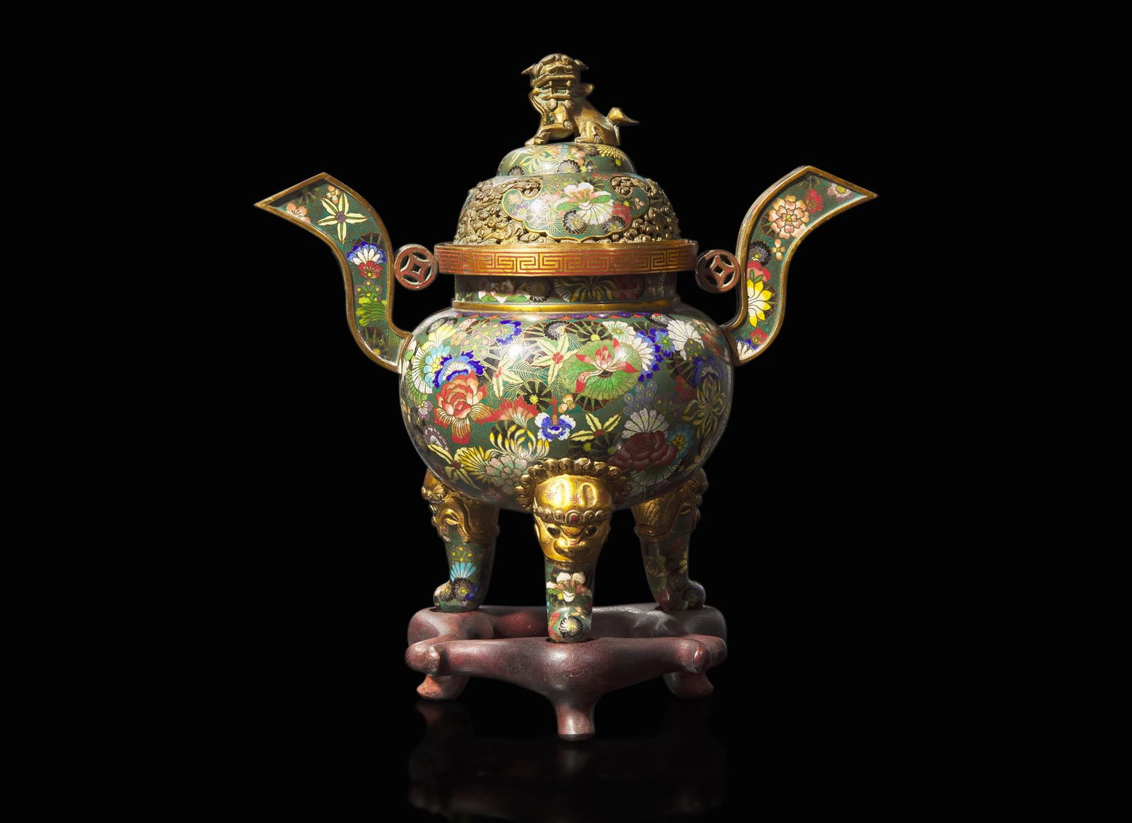 A Chinese cloisonne censer and cover with wood stand, Lao Tian Li, Late Qing to Republic period (1 of 4)