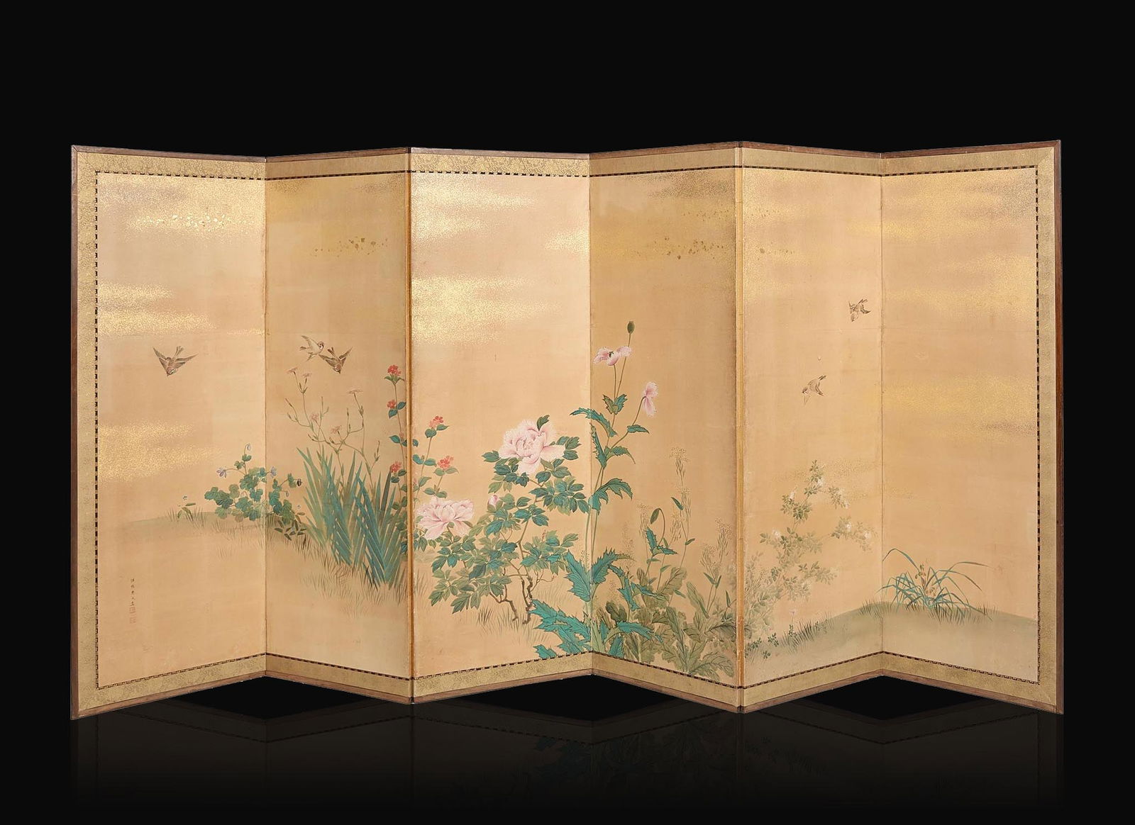 A Japanese "Sparrows and Flowers" six-fold screen, signed "Hokkyo Osei ga", Edo period 日 (1 of 4)