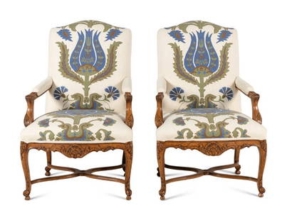 A Pair of Régence Style Armchairs: A Pair of Régence Style Armchairs 20th Centurywith Brunschwig and Fils Flowers of Jamakhana upholstery. Height 47 x width 28 x depth 21 inches. This lot is located in Chicago.ConditionSeat