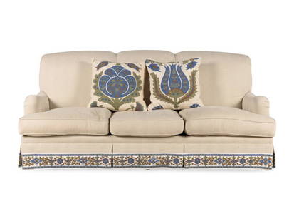 A Kravet Cape May Upholstered Sofa : "color: rgb(73, 80, 87);">Flowers of Jamakhana trim and throw pillows. Height 38 x width 84 x depth 35 inches. This lot is located in Chicago. Condition Seat height 21 inches. Seat depth 21 i