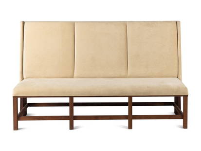 A Custom Upholstered Walnut Banquette: A Custom Upholstered Walnut Banquette 20th CenturyHeight 48 x width 80 x depth 26 inches. This lot is located in Chicago.