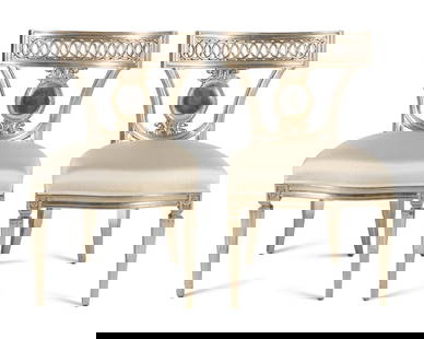 A Pair of Nancy Corzine Silvered Florentine Side Chairs: A Pair of Nancy Corzine Silvered Florentine Side Chairs Height 36 x width 22 x depth 20 inches. This lot is located in Chicago.ConditionSeat height 19 inches.