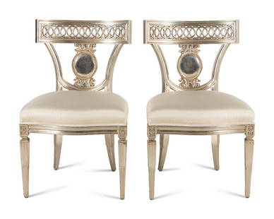 A Pair of Nancy Corzine Silvered Florentine Side Chairs: A Pair of Nancy Corzine Silvered Florentine Side Chairs Height 36 x width 22 x depth 20 inches. This lot is located in Chicago.ConditionSeat height 19 inches.