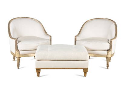 A Pair of Ebanista Marchese Lounge Chairs and a Similarly-Upholstered Ottoman: A Pair of Ebanista Marchese Lounge Chairs and a Similarly-Upholstered Ottoman 20th Century Cahir dimensions: height 36 x width 31 x depth 30 inches. Ottoman dimensions: height 19 x width 36 x