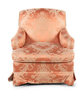 A Damask-Upholstered Lounge Chair: A Damask-Upholstered Lounge Chair 20th CenturyHeight 34 x width 30 x depth 30 1/2 inches. This lot is located in Chicago.