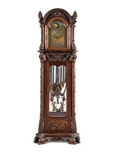 A Renaissance Revival Carved Mahogany Tube-Striking Tall Case Clock: A Renaissance Revival Carved Mahogany Tube-Striking Tall Case Clock ent by Colonial Mfg. Co., Early 20th CenturyMovem Height 88 x width 27 x depth 23 inches. This lot is located in Chicag