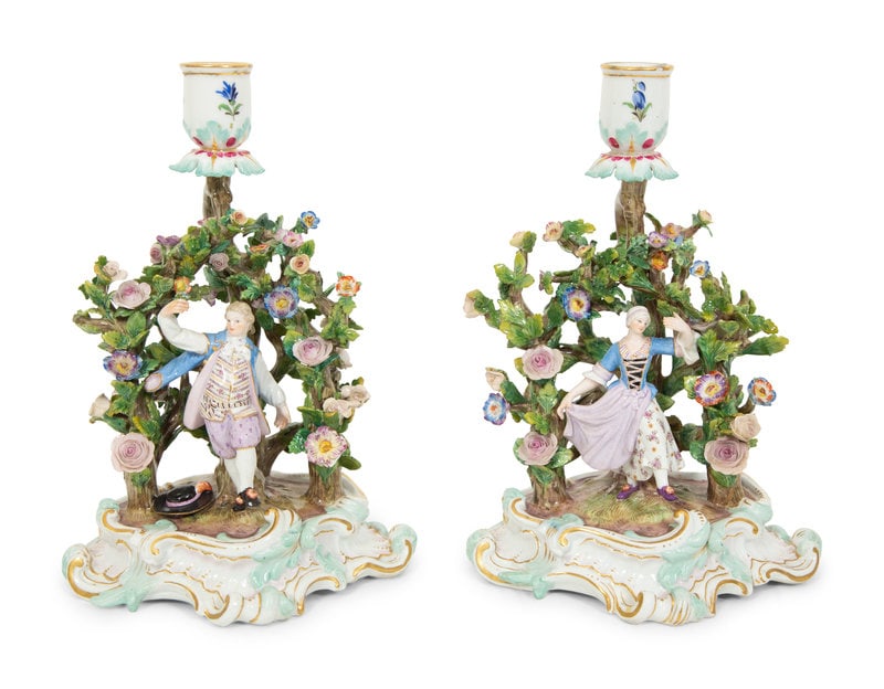 A Pair of Meissen Porcelain Figural Candlesticks with Floral Arbors (1 of 6)
