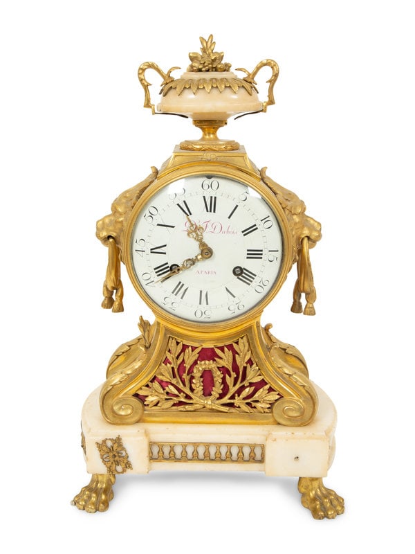 A Louis XVI Gilt Bronze and Marble Mantel Clock : A Louis XVI Gilt Bronze and Marble Mantel Clock Denis-Francis Dubois, Paris, Circa 1780 having a large circular movement with original verge escapement; striking the hour on a bell and striking 