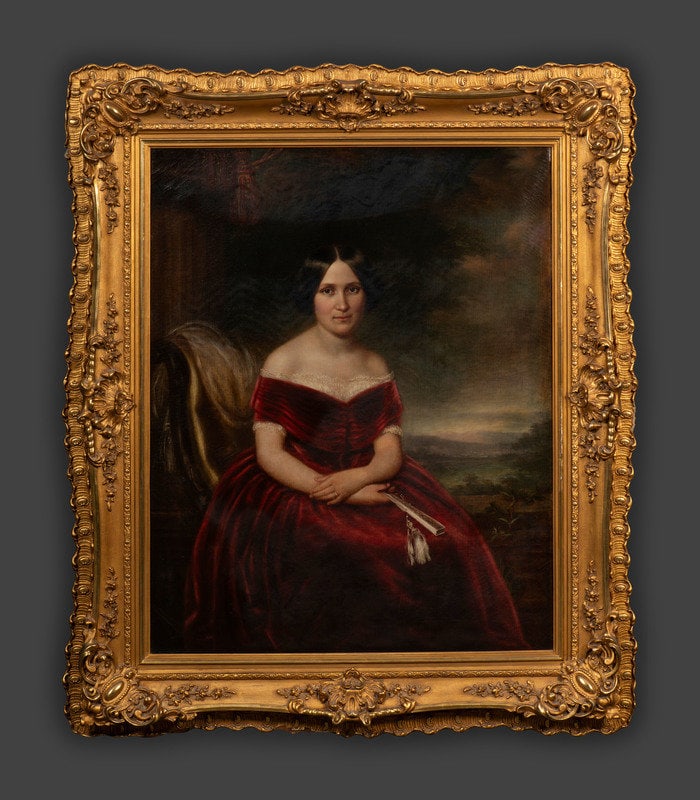 American School, 19th Century: American School, 19th Century Portrait of a Lady oil on canvas unsigned 49 1/4 x 38 1/8 inches. This lot is located in Cincinnati. Condition F