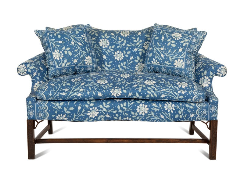 A George III Style Mahogany Settee Upholstered in Blue and White Linen (1 of 5)