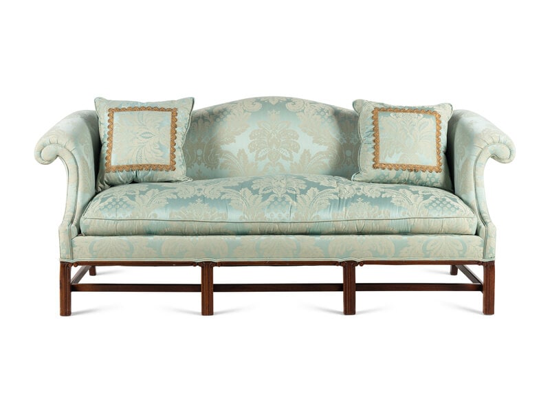 A Georgian Style Damask Upholstered Camelback Sofa (1 of 5)