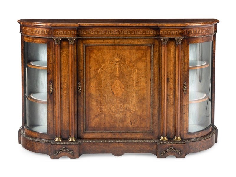 An English Gilt Metal Mounted Walnut and Marquetry Serving Cabinet: An English Gilt Metal Mounted Walnut and Marquetry Serving Cabinet 19th Century Height 41 x width 65 x depth 17 1/4 inches. This lot is located in Chicago. Condi