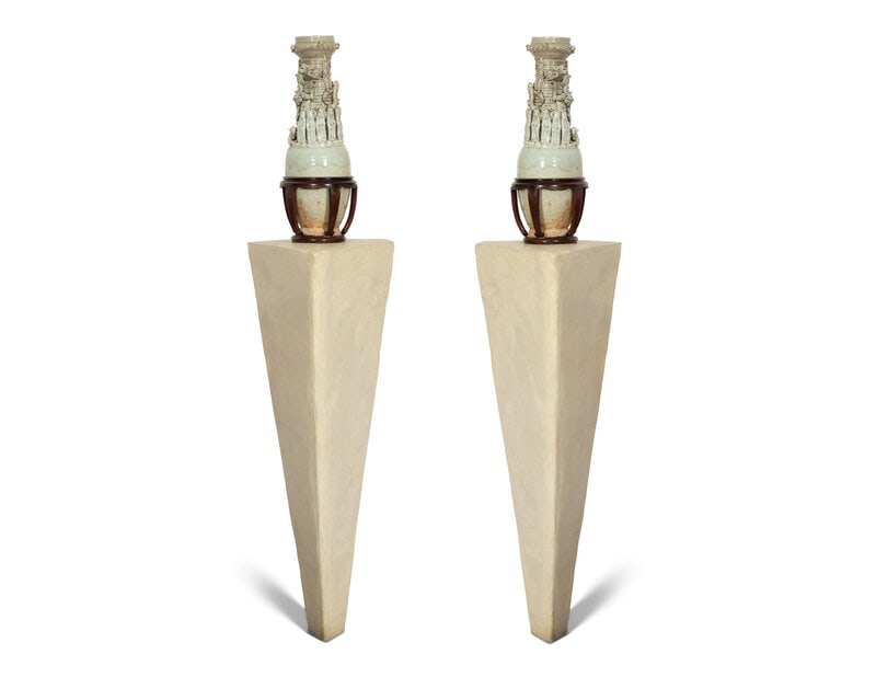 A Pair of Chinese Celadon-Glazed Funerary Urns Raised on Composition Pedestals (1 of 4)