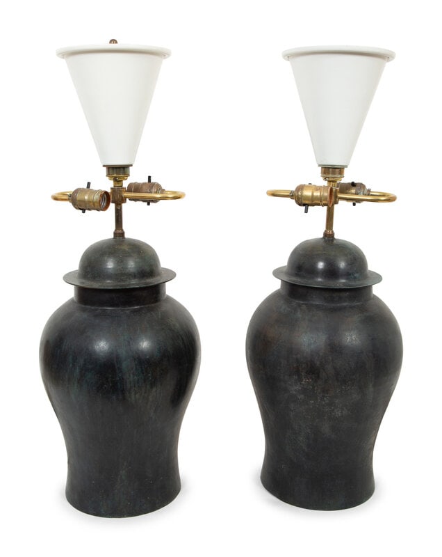 A Pair of Chinese Style Bronze Jars Mounted as Lamps (1 of 3)