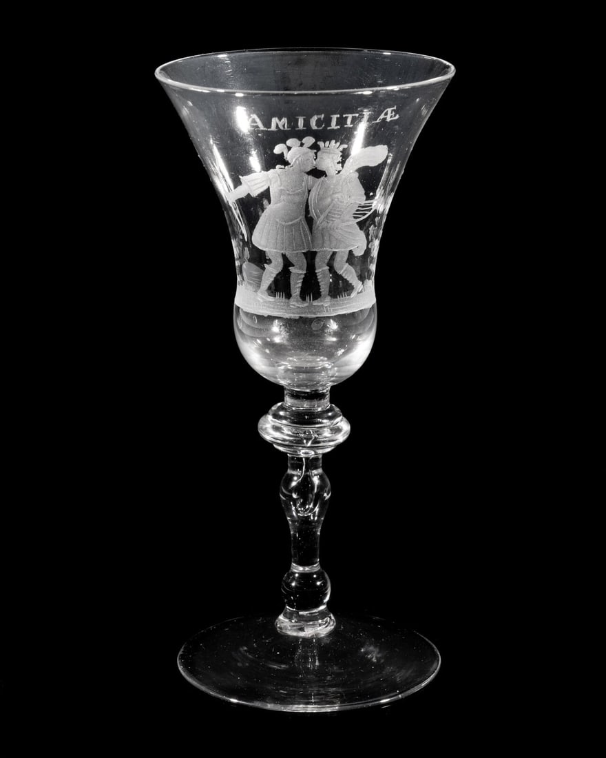 A Dutch Engraved Friendship Wine Glass: A Dutch Engraved Friendship Wine Glass Circa 1750 the bell form bowl decorated with the biblical figures Jonathan and King David in embrace beneath the word 'Amicitæ' and surmounting a baluster s