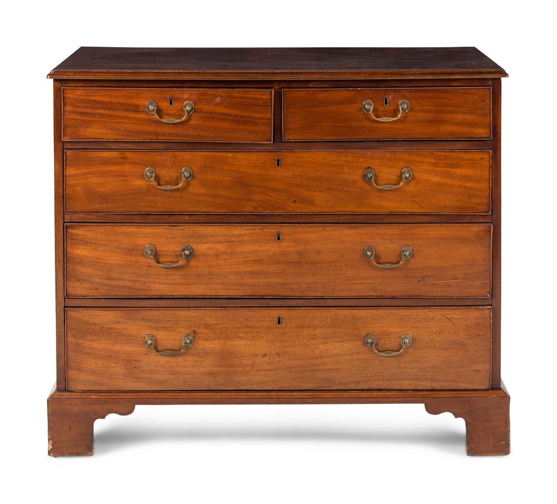 A George III Mahogany Chest of Drawers: A George III Mahogany Chest of Drawers Late 18th Century Height 38 1/2 x width 45 1/2 x depth 21 1/2 inches. This lot is located in Chicago. Property from the Collection of a Private Family, Atlanta, 