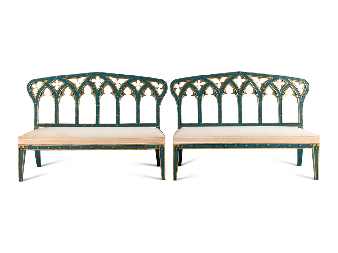 A Pair of English Gothic Revival Painted and Parcel Gilt Settees (1 of 8)
