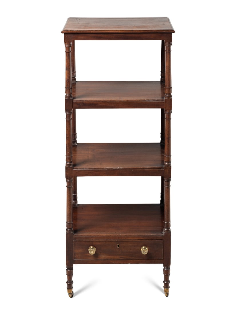 A Regency Mahogany Étagère: A Regency Mahogany Étagère Early 19th Century Height 47 1/2 x width 19 x depth 17 inches. This lot is located in Chicago.