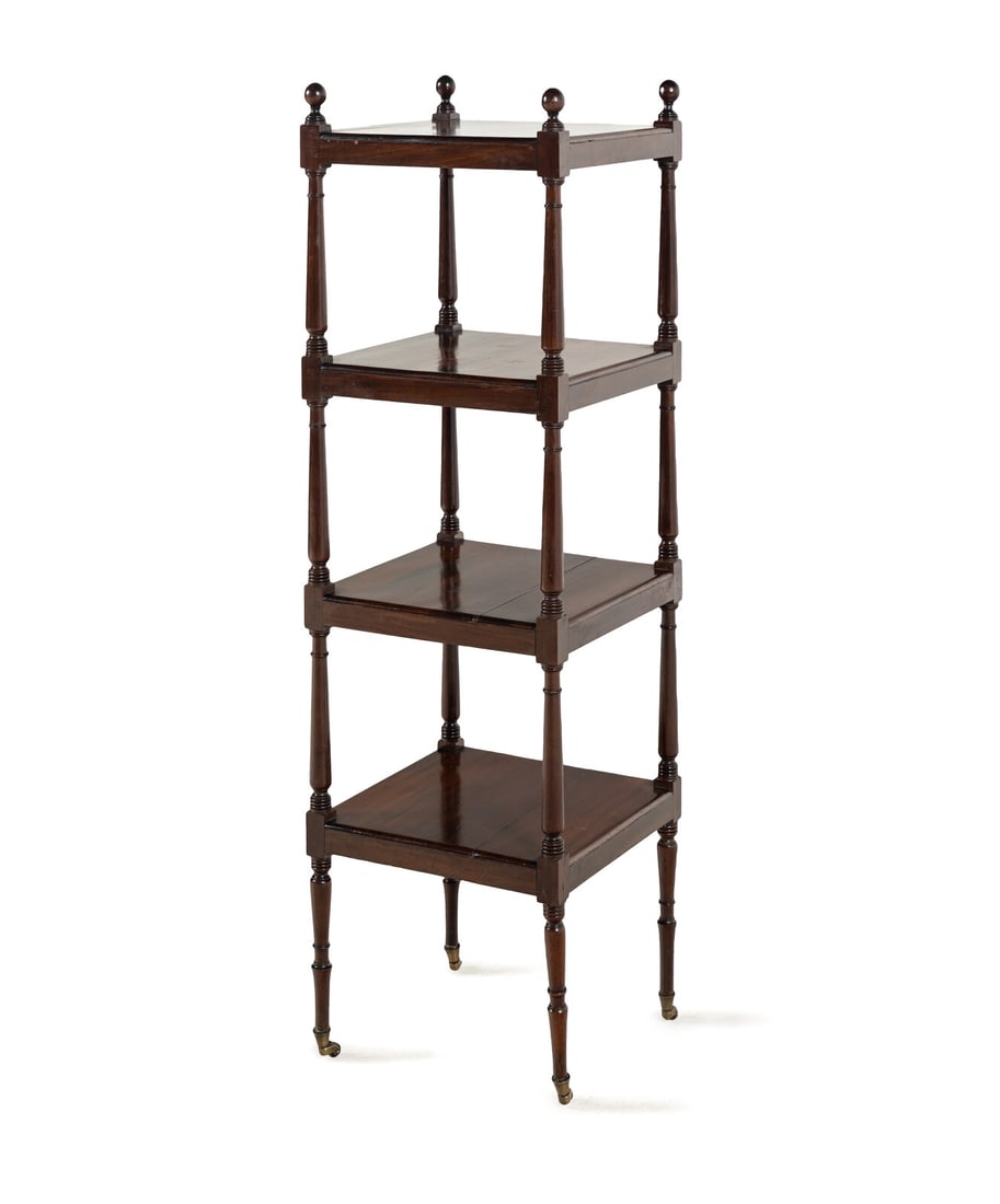 A Regency Mahogany Étagère: A Regency Mahogany Étagère First Half 19th Century Height 52 1/2 x width 15 x depth 15 inches. This lot is located in Chicago.
