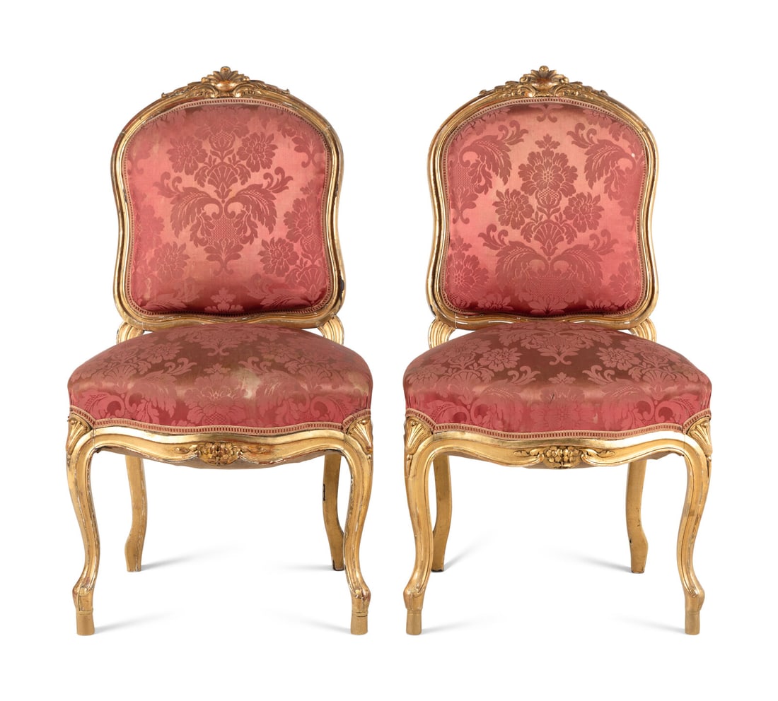 A Pair of Louis XV Style Giltwood Side Chairs: A Pair of Louis XV Style Giltwood Side Chairs 19th Century with silk damask upholstery. Height 36 x width 20 x depth 20 inches. This lot is located in Chicago. Property from Suffield House, a David Ad