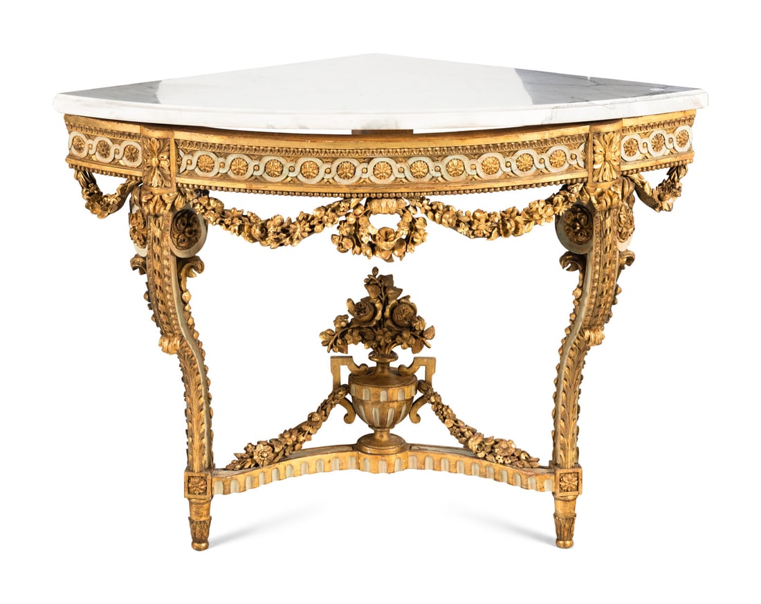 A Louis XVI Style Painted and Parcel Gilt Marble-Top Corner Table (1 of 3)