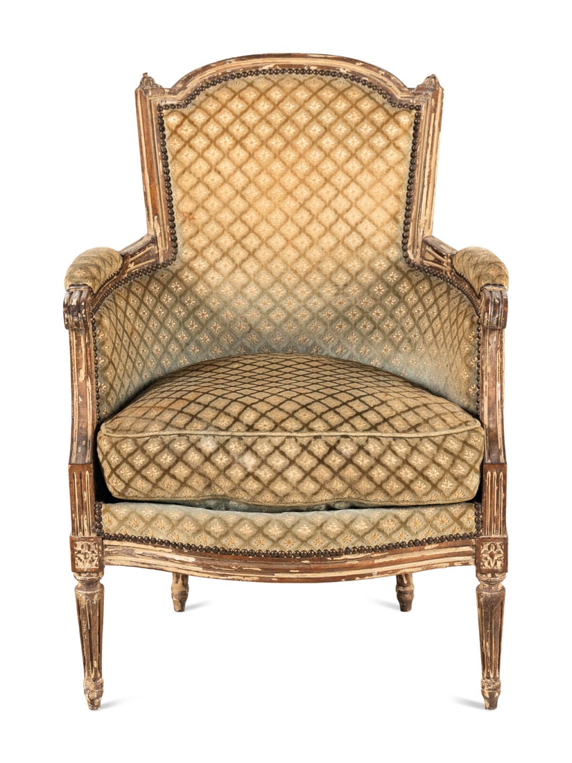 A Louis XVI Painted Beechwood Bergère: A Louis XVI Painted Beechwood Bergère 18th Century Height 36 x width 27 x depth 25 inches. This lot is located in Chicago. Property from the Collection of Catharine and David Hamilton, Chicago, I
