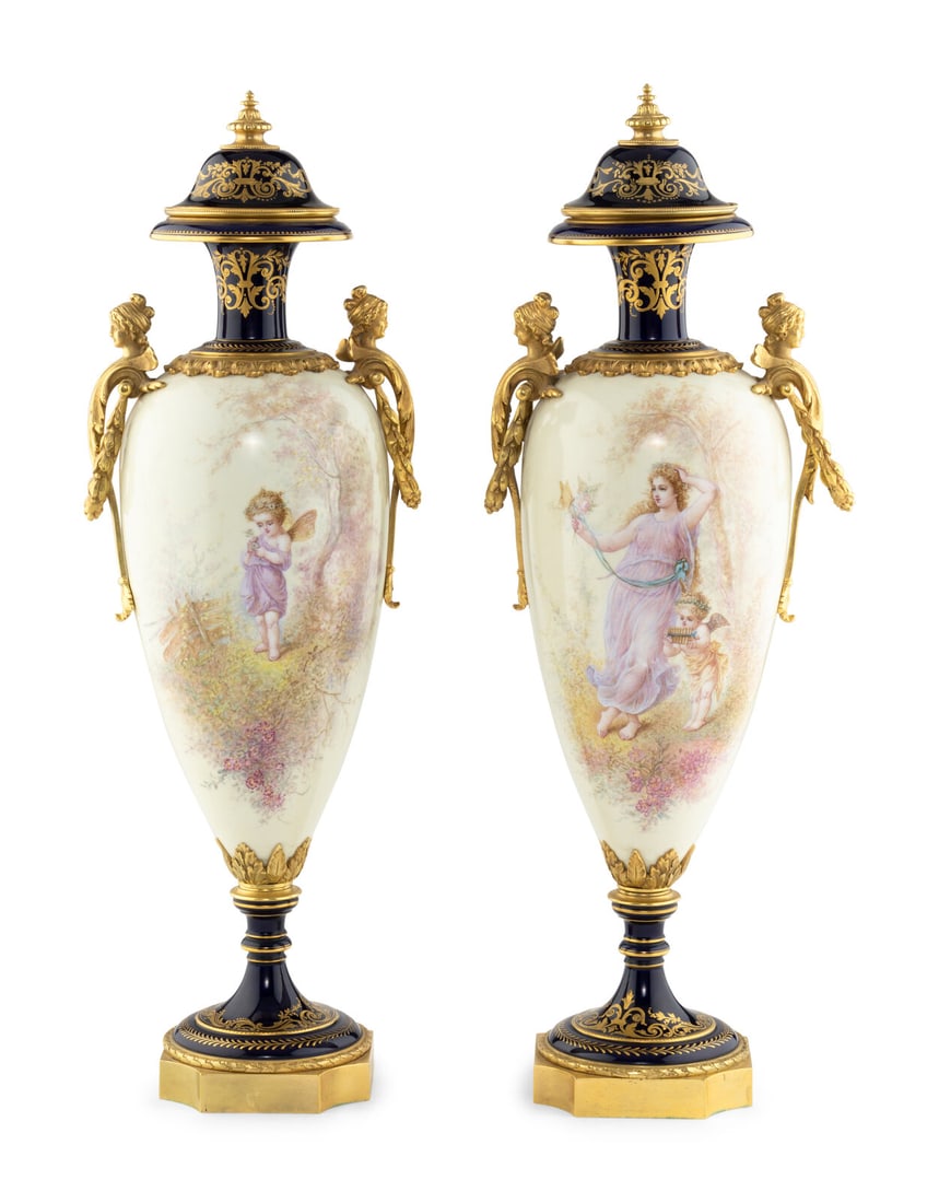 A Pair of Gilt Bronze Mounted Sèvres Style Porcelain Urns (1 of 5)