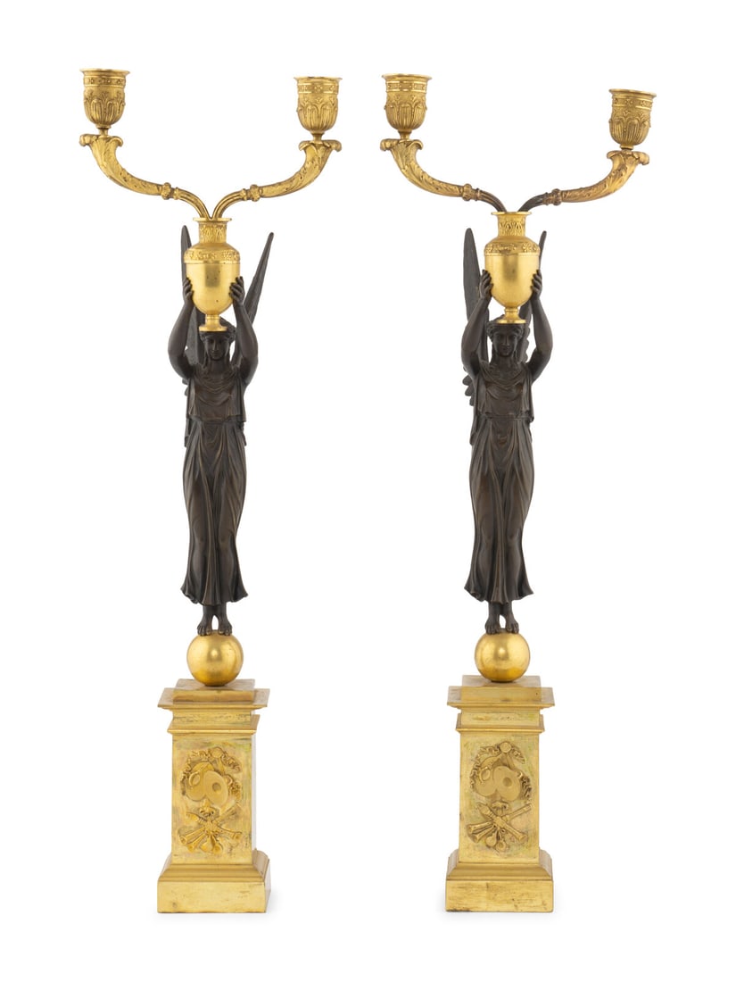 A Pair of Empire Style Gilt and Patinated Bronze Figural Two-Light Candelabra (1 of 4)