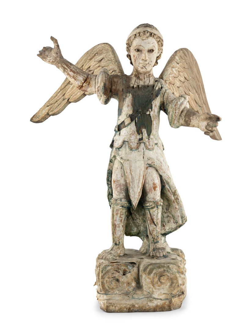A Continental Carved and Polychrome Painted Figure of St. Michael the Archangel (1 of 4)