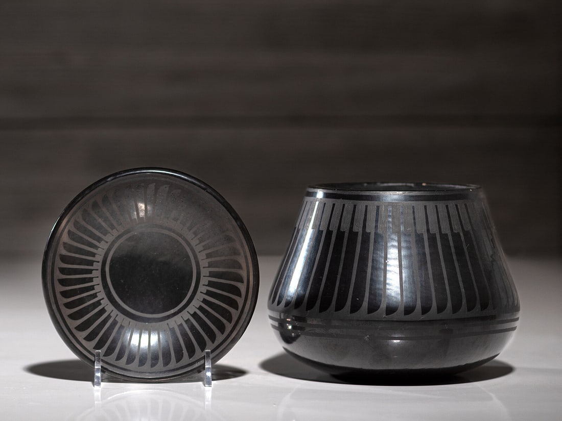 Crucita Calabaza, Blue Corn (San Ildefonso, 1921-1999) Blackware Pottery Jar and Plate (1 of 4)