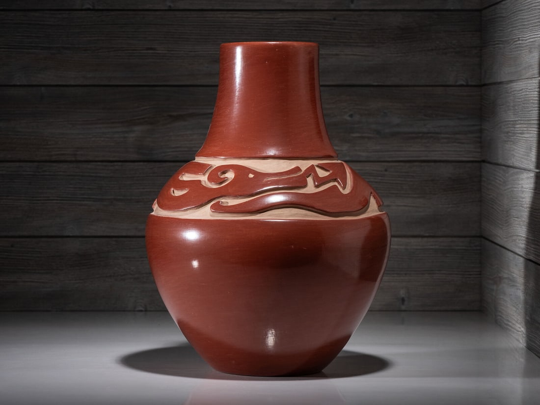 Margaret Tafoya (Santa Clara, 1904-2001) Carved Redware Pottery Vase, with Avanyu (1 of 5)