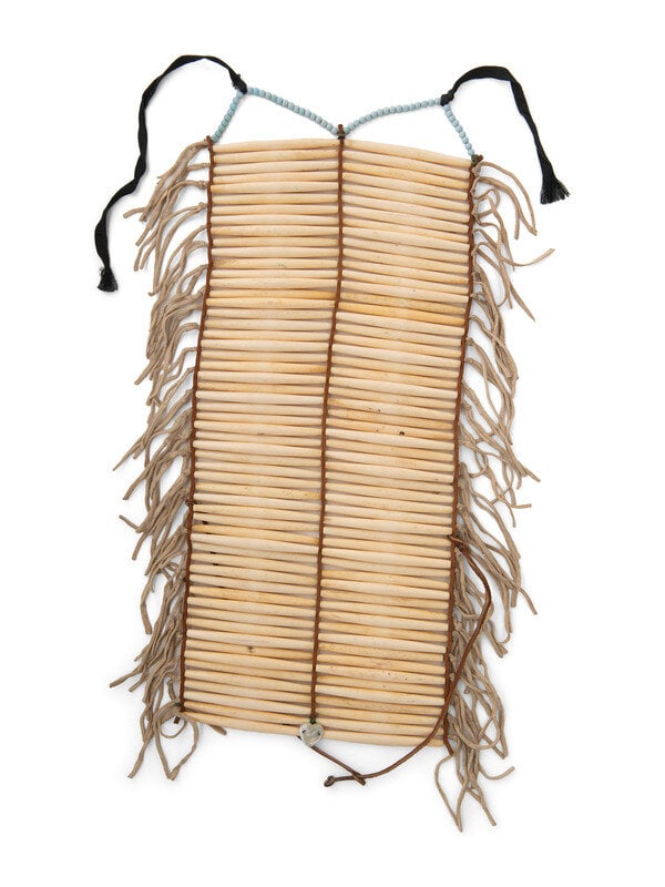 Plains Bone Hair Pipe Breastplate : Plains Bone Hair Pipe Breastplate first half 20th century strung with thread, with harness leather spacers and hide fringe lining the outer edges length 21 inches x width 10 inches <