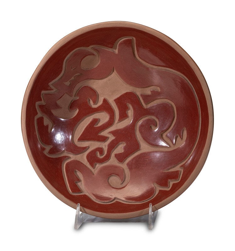 Sharon Naranjo
(Santa Clara, b. 1951)
Carved Redware Pottery Charger, with Avanyu (1 of 2)