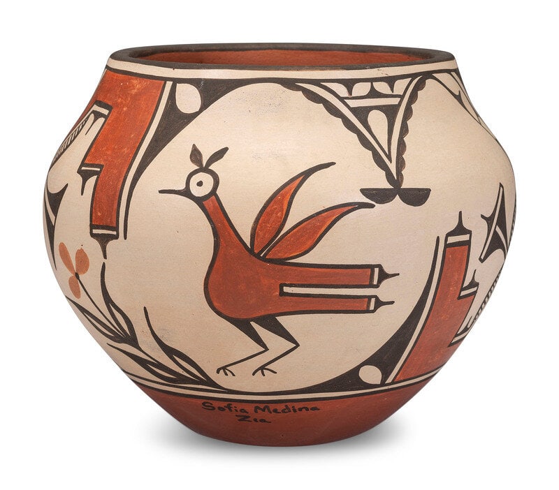 Sofia Medina
(Zia, 1932-2010)
Polychrome Pottery Jars, with Zia Birds (1 of 5)
