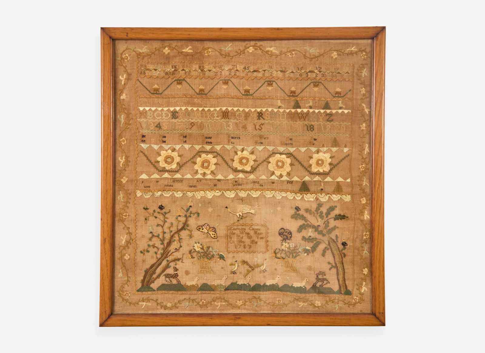 A needlework sampler, "Elizabeth Collings her work made in the 10 year of her age 1787," probably (1 of 2)