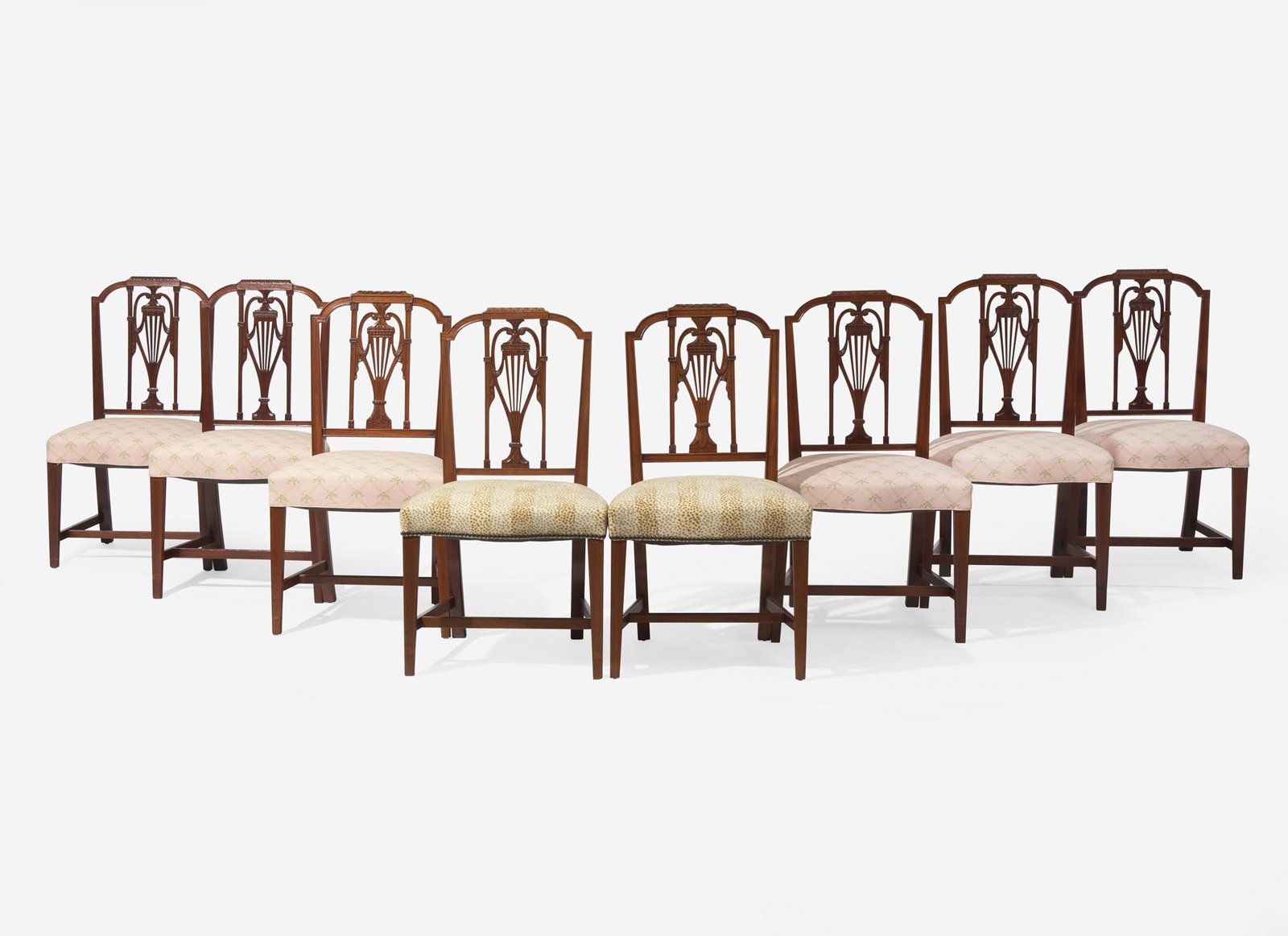 An assembled set of eight Federal mahogany pedestal-back side chairs, Philadelphia, PA, or New York,: An assembled set of eight Federal mahogany pedestal-back side chairs, Philadelphia, PA, or New York, NY, circa 1800 Comprising a set of four and a pair, all with conforming carved splats, over-upholst