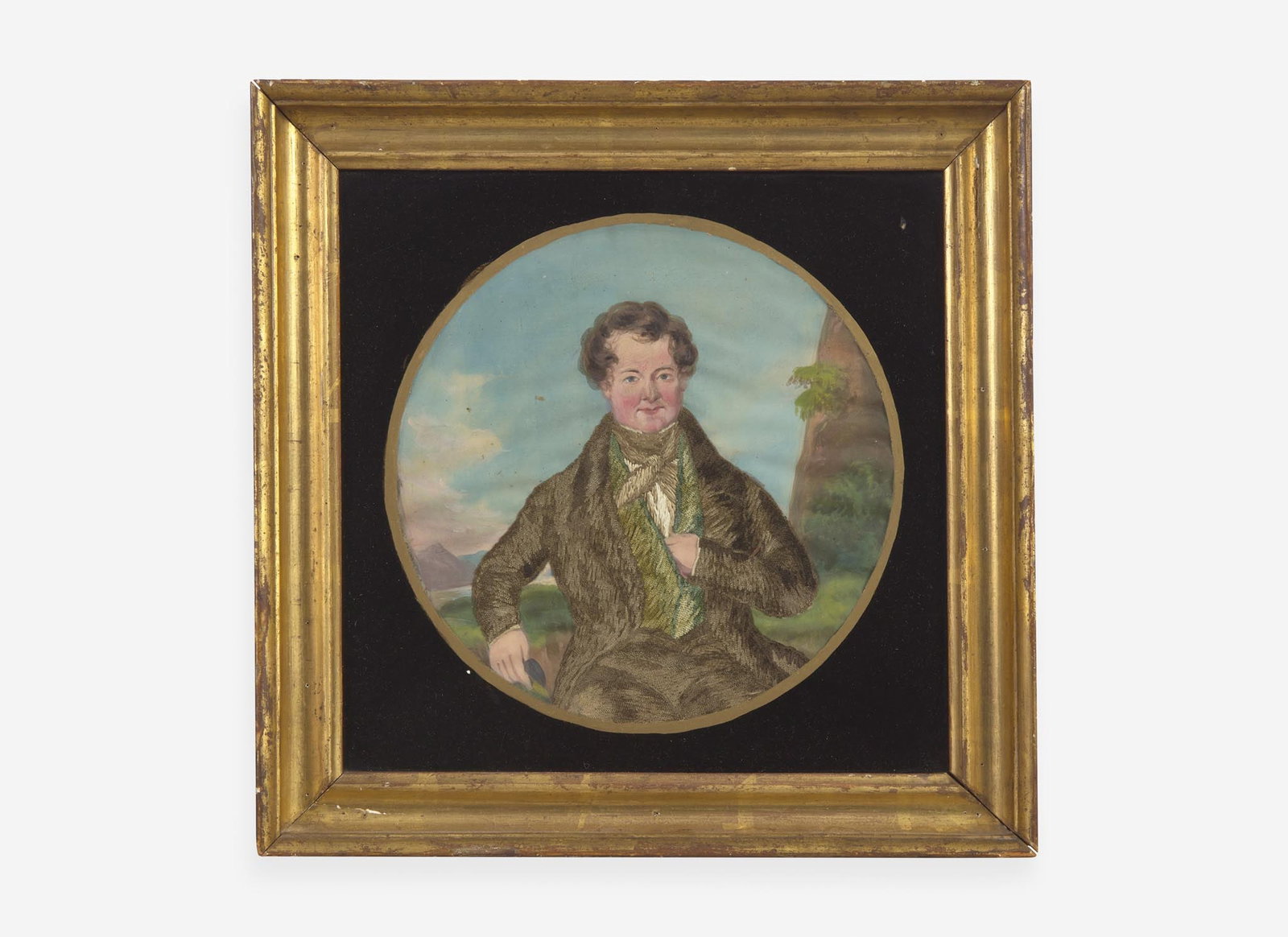 An embroidered portrait of a gentleman, first third 19th century: An embroidered portrait of a gentleman, first third 19th century Worked with polychrome chenille and silk threads and gouache on paper, eglomise mat, framed. Dia: 9 in. (sight) Provenance