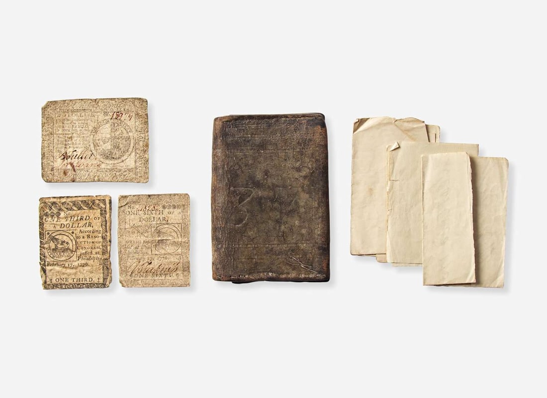 A tooled, dated and initialed leather pocketbook, belonging to Robert Morris, Sr. (1711-1750) and Ro: A tooled, dated and initialed leather pocketbook, belonging to Robert Morris, Sr. (1711-1750) and Robert Morris, Jr. (1734-1806), dated "1737" The folding pocketbook is dated on the exterior, “1737,