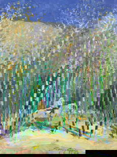 Jerry Jordan (American, b. 1944) Indian in Aspens, 1990: Jerry Jordan (American, b. 1944) Indian in Aspens, 1990 oil on board signed Jerry Jordan (lower right); signed, titled and dated (verso) 18 x 14 inches Property from the Collection of Mr. Warren Ehrli