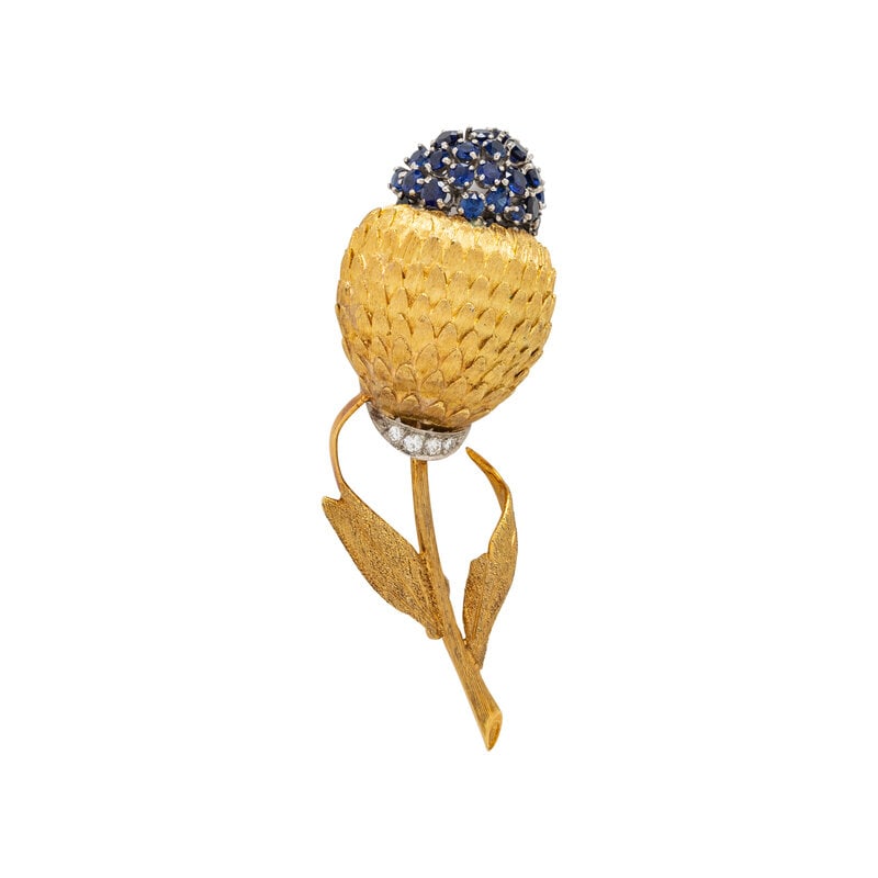 YELLOW GOLD, SYNTHETIC SAPPHIRE, AND DIAMOND FLOWER BROOCH (1 of 2)