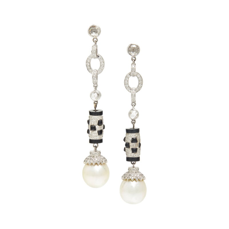 SOUTH SEA CULTURED PEARL, DIAMOND, ONYX AND ENAMEL EARRINGS: SOUTH SEA CULTURED PEARL, DIAMOND, ONYX AND ENAMEL EARRINGS Onyx, black enamel inlay, cultured pearls measuring approximately 11.80 mm, rose cut diamonds and round brilliant cut diamonds weighing appr
