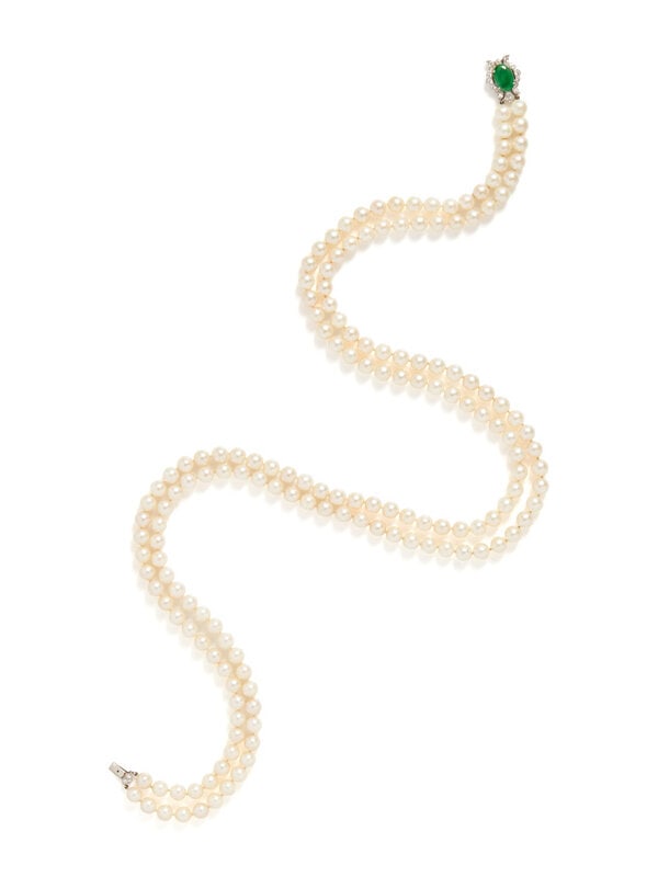 CULTURED PEARL, PLATINUM, DIAMOND AND JADE NECKLACE (1 of 3)