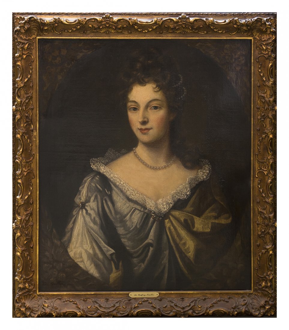 After Godfrey Kneller, (British, 1646-1723), Portra: After Godfrey Kneller (British, 1646-1723) Portrait of a Lady oil on canvas signed G. Kneller (lower left) 30 x 25 1/4 inches. Property from the Estate of Mr. Chester E. Zarr, Western
