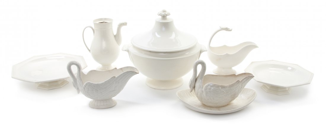 A Collection of Creil and Choisy Creamware Article: A Collection of Creil and Choisy Creamware Articles, comprising a tureen, two graduated octagonal compotes, three swan form sauce boats and a teapot, having various impressed marks. Height of tallest