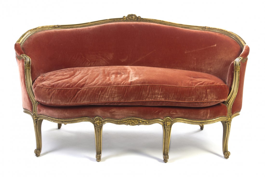 A Louis XVI Style Giltwood Canape, Width 48 inches: A Louis XVI Style Giltwood Canape, having a rounded crest rail over the velvet upholstered back, arms and seat, raised on cabriole legs. Width 48 inches. Property from the Elizabeth Price Welch Legacy
