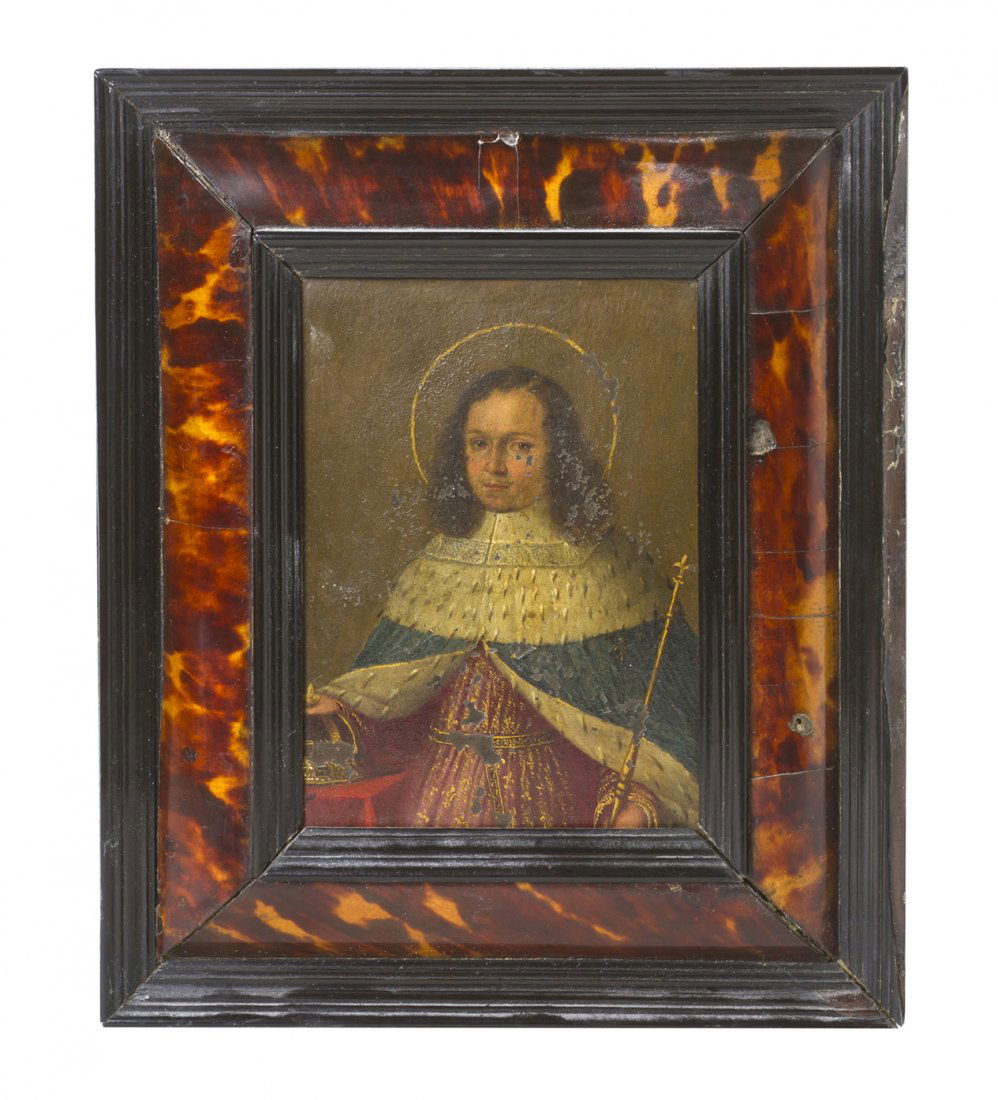 A Continental School Portrait of a Saint, Height 5: A Continental School Portrait of a Saint, oil on copper, set within a tortoise shell frame. Height 5 x width 3 3/4 inches. Property from the Estate of Mr. Chester E. Zarr, Western Springs, Illinois